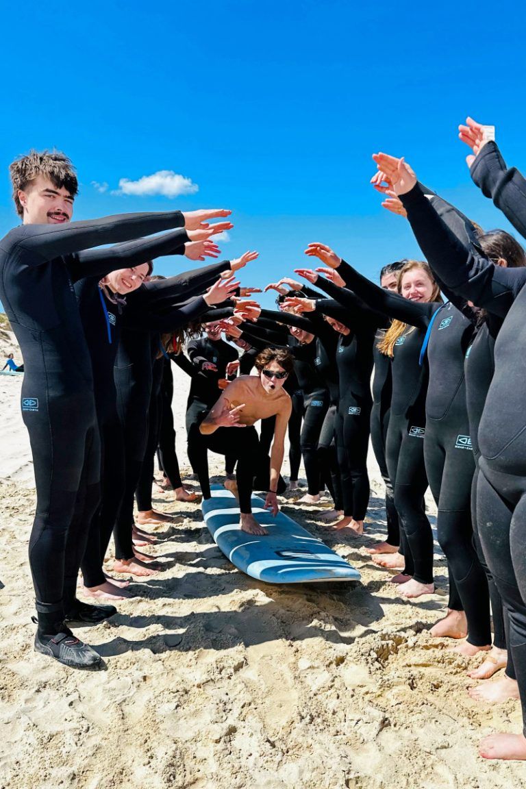 UK university surf club students learning to surf in Portugal